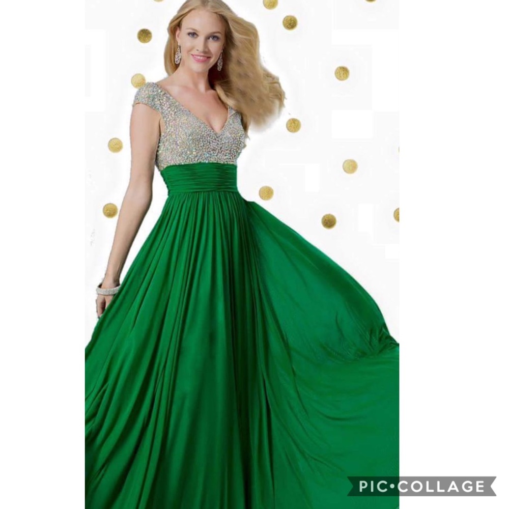 Green and silver sequins and beaded gown